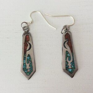 Antique inlaid silver, turquoise, coral Native American earrings